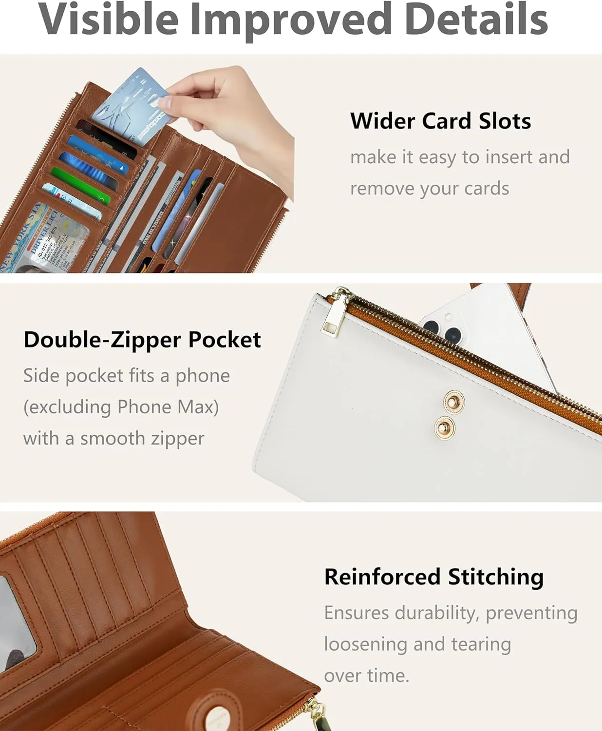 Womens Leather Wallet RFID Blocking Slim Bifold Credit Card Holder Travel Wallet with Double Zipper Pocket(BeigeBrown)