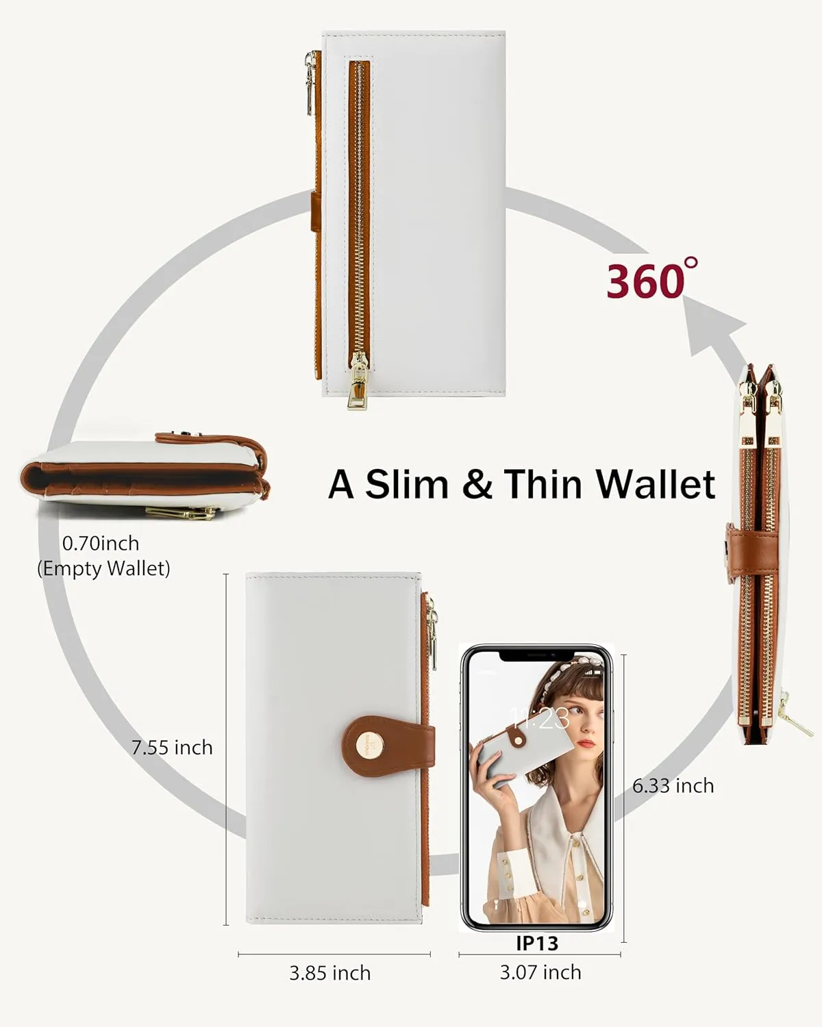 Womens Leather Wallet RFID Blocking Slim Bifold Credit Card Holder Travel Wallet with Double Zipper Pocket(BeigeBrown)