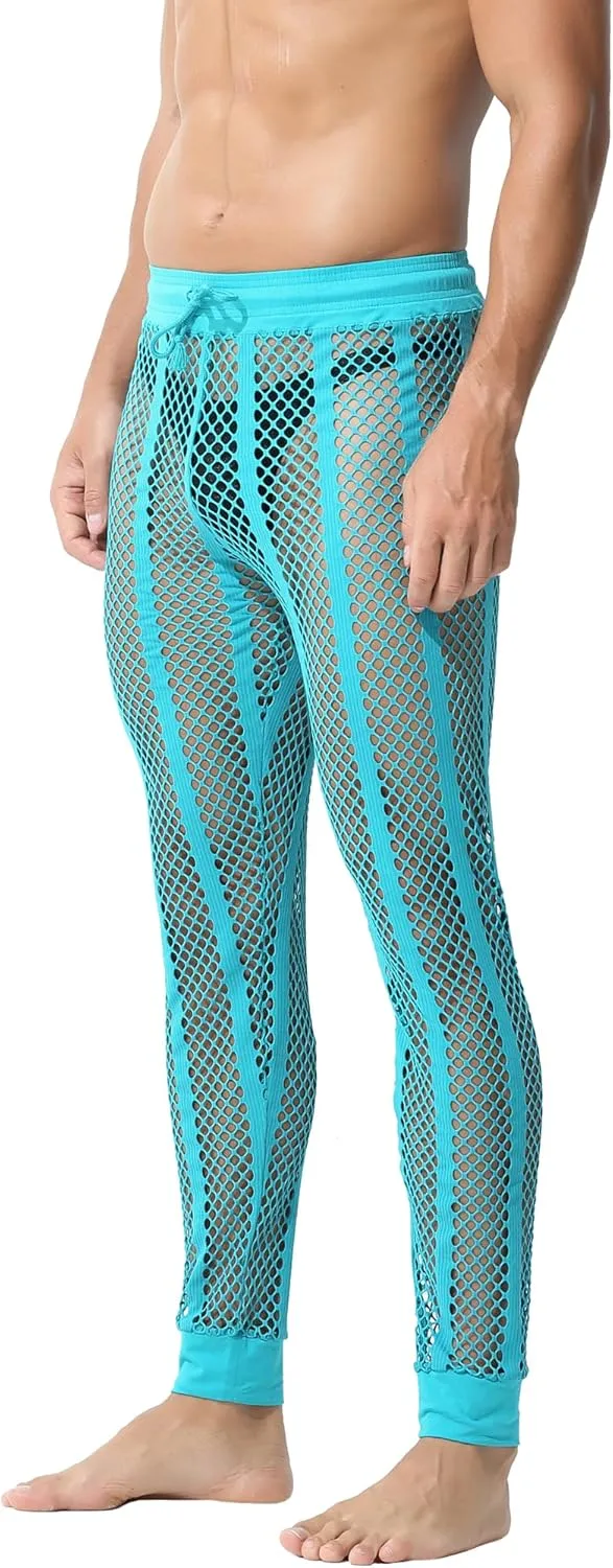 YUFEIDA Men's Fishnet Pants Drawstring Bottoms Low Rise Mesh Leggings Muscle Fit Long Pants See Through Thermal Bottoms