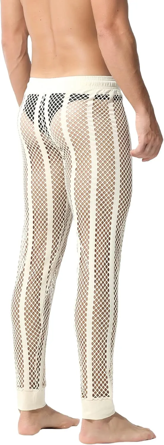 YUFEIDA Men's Fishnet Pants Drawstring Bottoms Low Rise Mesh Leggings Muscle Fit Long Pants See Through Thermal Bottoms