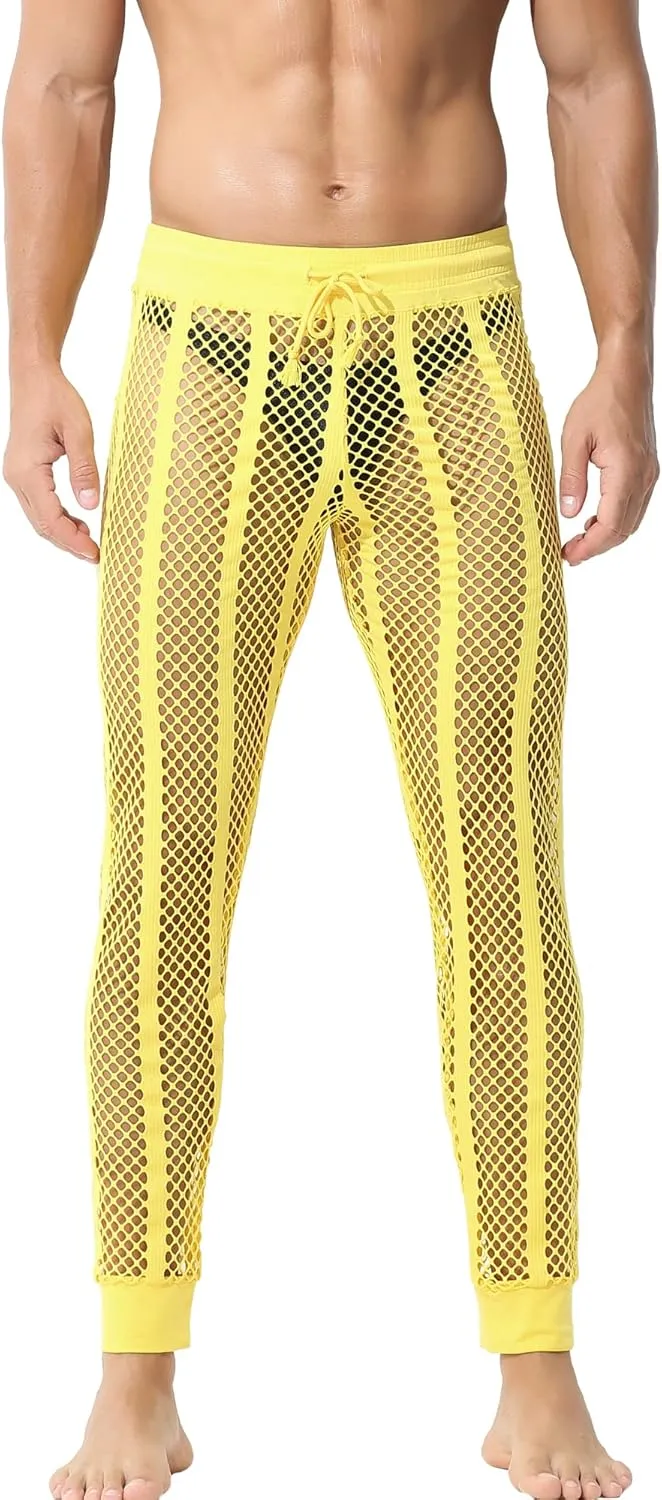YUFEIDA Men's Fishnet Pants Drawstring Bottoms Low Rise Mesh Leggings Muscle Fit Long Pants See Through Thermal Bottoms