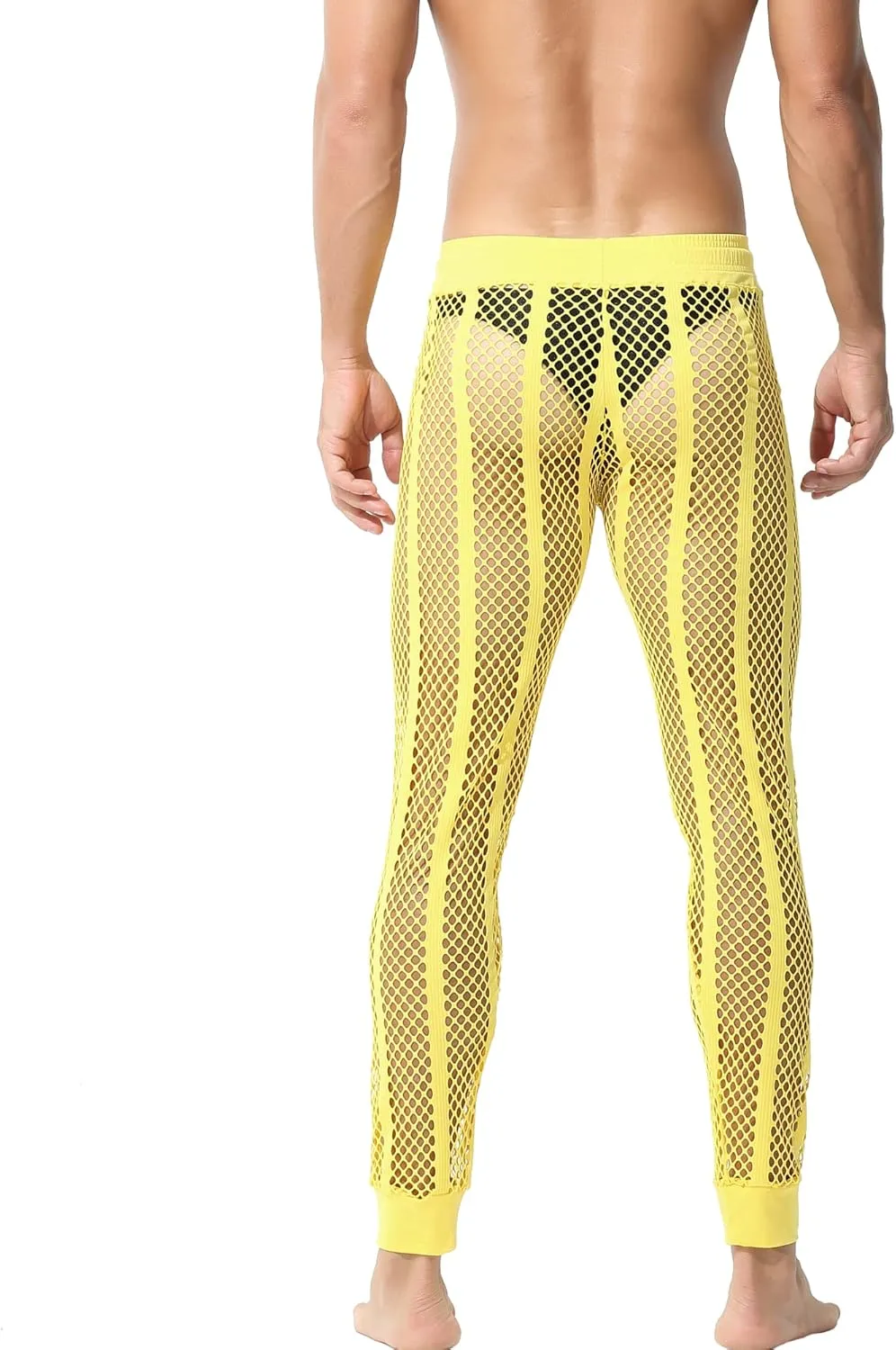 YUFEIDA Men's Fishnet Pants Drawstring Bottoms Low Rise Mesh Leggings Muscle Fit Long Pants See Through Thermal Bottoms