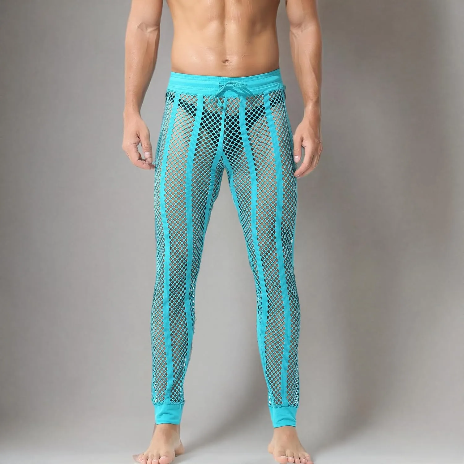 YUFEIDA Men's Fishnet Pants Drawstring Bottoms Low Rise Mesh Leggings Muscle Fit Long Pants See Through Thermal Bottoms