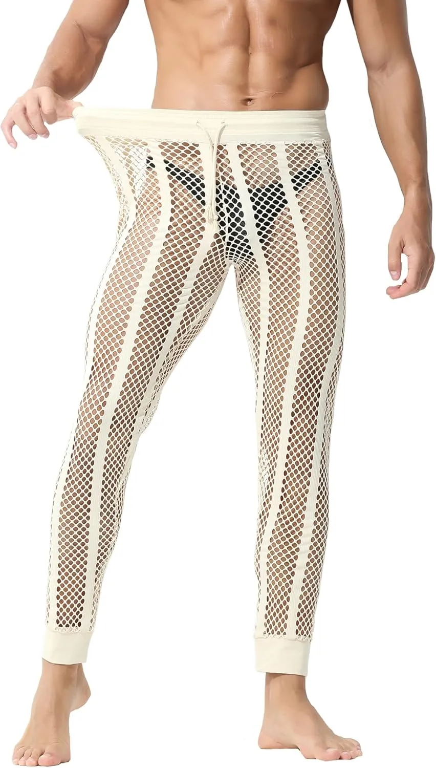 YUFEIDA Men's Fishnet Pants Drawstring Bottoms Low Rise Mesh Leggings Muscle Fit Long Pants See Through Thermal Bottoms