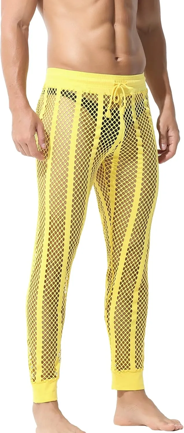 YUFEIDA Men's Fishnet Pants Drawstring Bottoms Low Rise Mesh Leggings Muscle Fit Long Pants See Through Thermal Bottoms