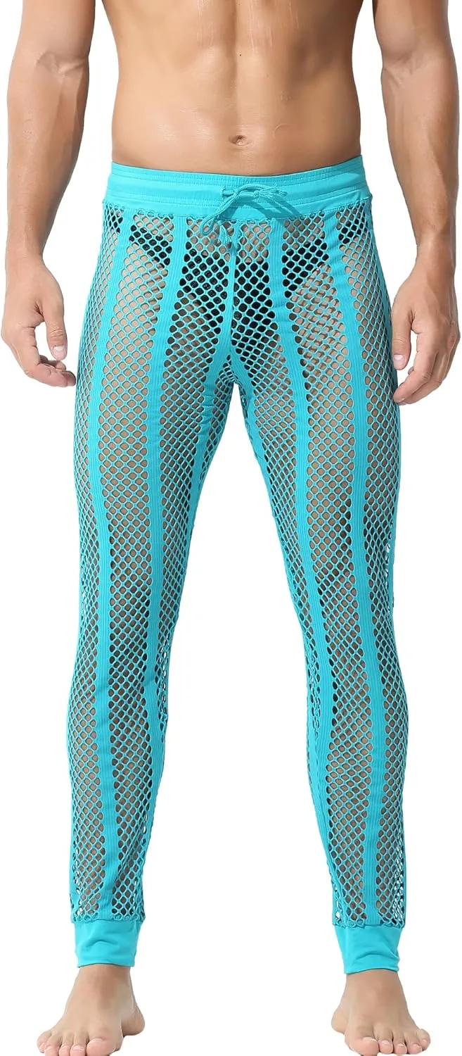YUFEIDA Men's Fishnet Pants Drawstring Bottoms Low Rise Mesh Leggings Muscle Fit Long Pants See Through Thermal Bottoms