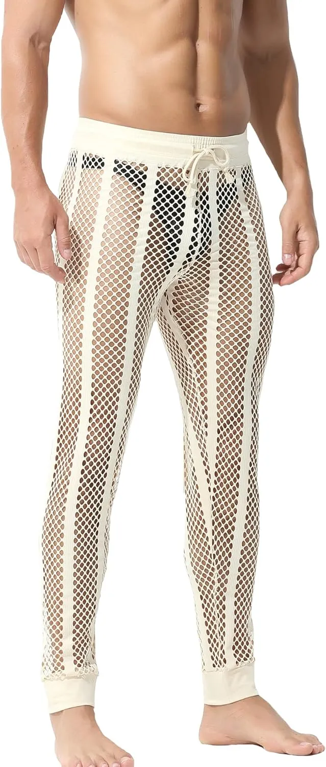 YUFEIDA Men's Fishnet Pants Drawstring Bottoms Low Rise Mesh Leggings Muscle Fit Long Pants See Through Thermal Bottoms