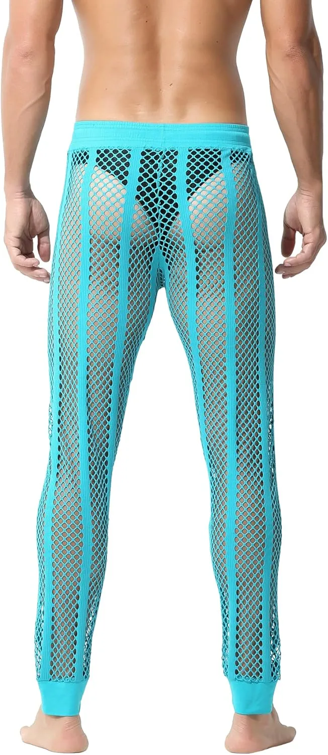 YUFEIDA Men's Fishnet Pants Drawstring Bottoms Low Rise Mesh Leggings Muscle Fit Long Pants See Through Thermal Bottoms