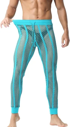 YUFEIDA Men's Fishnet Pants Drawstring Bottoms Low Rise Mesh Leggings Muscle Fit Long Pants See Through Thermal Bottoms