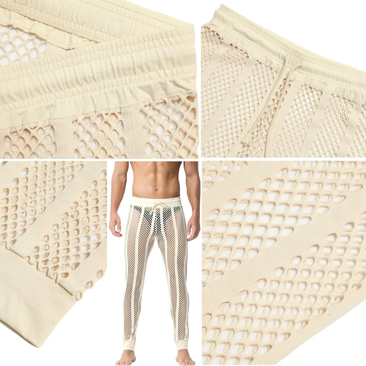 YUFEIDA Men's Fishnet Pants Drawstring Bottoms Low Rise Mesh Leggings Muscle Fit Long Pants See Through Thermal Bottoms