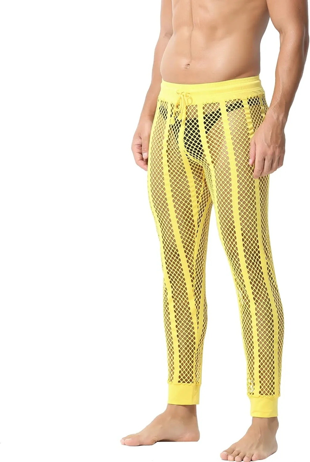 YUFEIDA Men's Fishnet Pants Drawstring Bottoms Low Rise Mesh Leggings Muscle Fit Long Pants See Through Thermal Bottoms