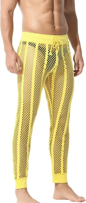 YUFEIDA Men's Fishnet Pants Drawstring Bottoms Low Rise Mesh Leggings Muscle Fit Long Pants See Through Thermal Bottoms