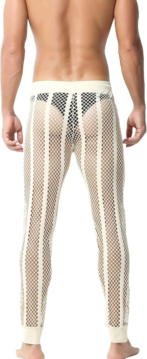 YUFEIDA Men's Fishnet Pants Drawstring Bottoms Low Rise Mesh Leggings Muscle Fit Long Pants See Through Thermal Bottoms