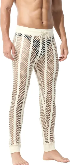 YUFEIDA Men's Fishnet Pants Drawstring Bottoms Low Rise Mesh Leggings Muscle Fit Long Pants See Through Thermal Bottoms